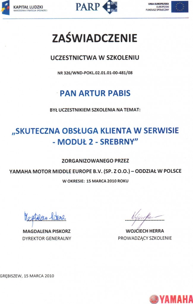 Certyfikat Yamaha