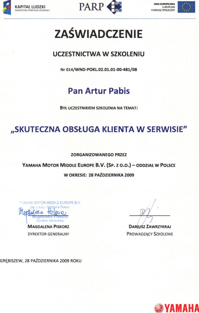 Certyfikat Yamaha