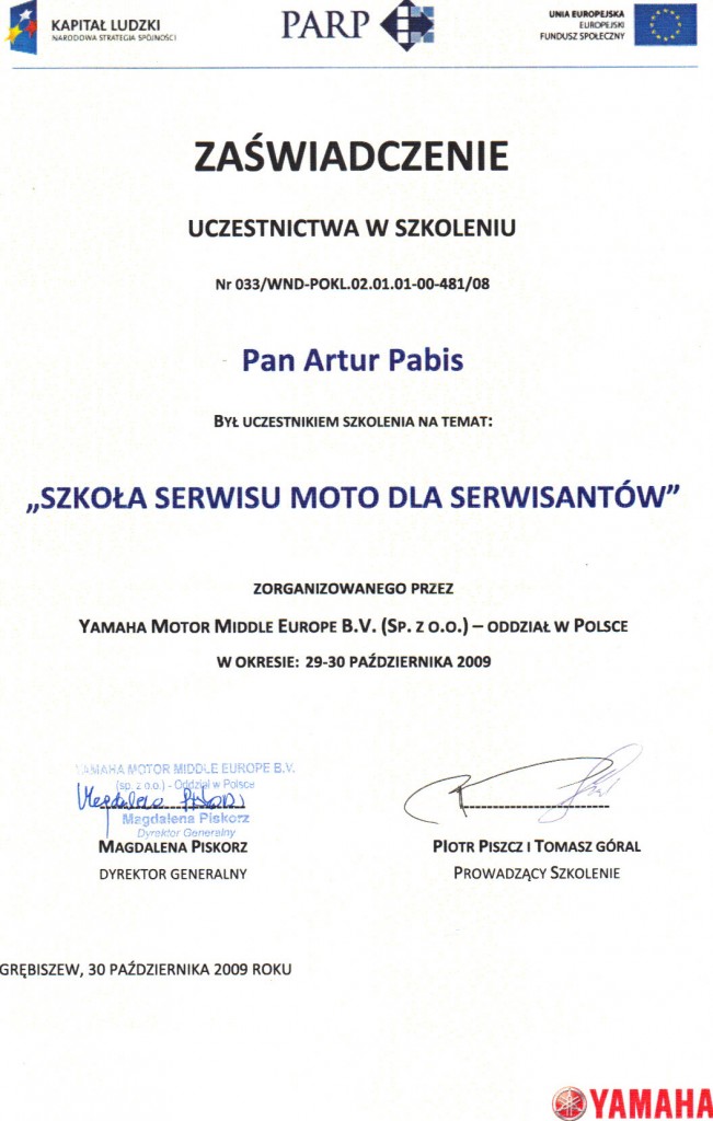 Certyfikat Yamaha